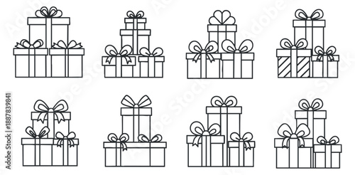 A collection of various gift boxes with ribbons and bows in black and white outline vector style, perfect for holiday designs