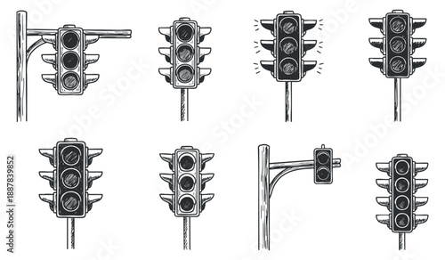 A set of hand-drawn traffic light illustrations in black and white outline style, suitable for transportation and urban design projects
