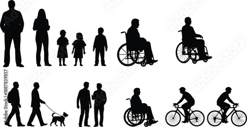 People silhouettes collection, family adults children, wheelchair users, walking dog, cyclists activities, daily life scenes, black isolated figures, design set