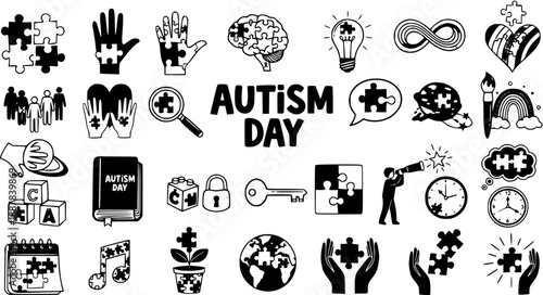 Autism Awareness Day Icons Set - Puzzle Pieces, Brain, Hands, Calendar, Lightbulb, Rainbow