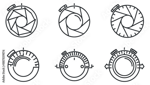 A collection of photography-related icons featuring camera apertures and dials in minimalist black line art vector style, suitable for tech and design projects