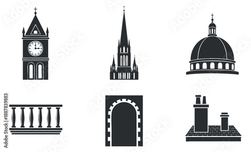 A collection of architectural silhouettes including a clock tower, spire, dome, and chimney in black minimalist vector style, ideal for cityscape designs