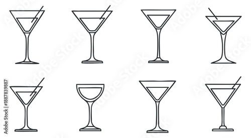A set of cocktail and martini glasses in minimalist black outline vector style, ideal for bar and restaurant branding