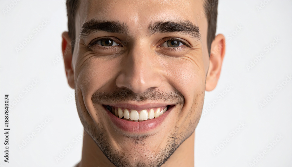 Obraz premium hombre sonriente con dentadura blanca y cuidada sobre fondo blanco concepto de salud, bienestar, optimismo, empatía, actitud positiva, confianza, estética facial personal