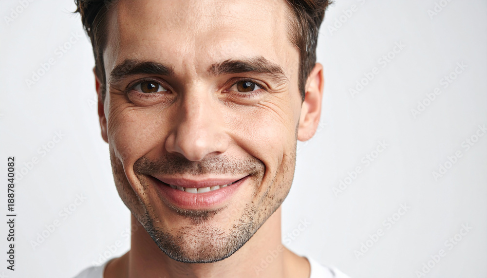 Obraz premium hombre sonriente con dentadura blanca y cuidada sobre fondo blanco concepto de salud, bienestar, optimismo, empatía, actitud positiva, confianza, estética facial personal