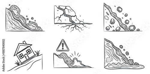 A collection of landslide and geological hazard illustrations in black and white outline vector style, suitable for safety awareness and educational materials