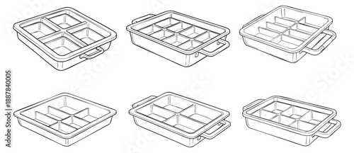 A collection of six outlined food storage containers with compartments in minimalist vector style, ideal for meal prep and organization