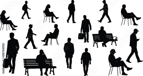 People silhouettes daily activities collection, walking sitting waiting working scenes, urban lifestyle moments, black isolated human figures, minimal design set