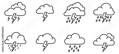 A collection of storm and rain icons featuring lightning, clouds, and raindrops in minimalist vector style, suitable for weather-related designs