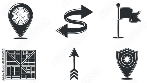 A collection of navigation and location icons in black and white vector style, suitable for travel and mapping projects
