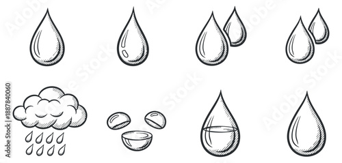 A collection of water drops, raindrops, and a cloud in sketched outline vector style, suitable for weather-related designs