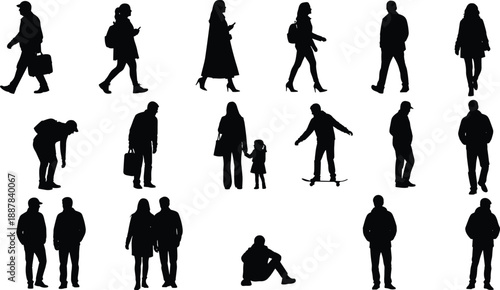People silhouettes daily activities collection, walking standing sitting parenting skating scenes, urban lifestyle moments, modern human figures, black isolated design