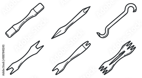 A collection of hand tools including screwdrivers, wrenches, and a pen in black and white outline vector style, ideal for handyman services and repair projects