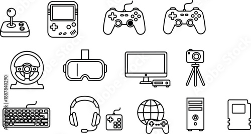 Line art vector icon set showing retro joystick handheld console twin controllers vr headset steering wheel monitor camera keyboard headset