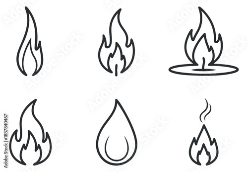 A collection of fire and flame icons in minimalist outline vector style, suitable for design and branding projects