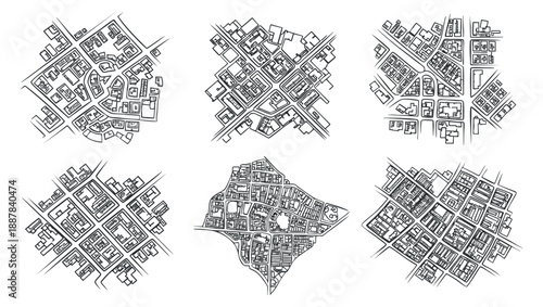 A collection of six urban map illustrations in black and white geometric vector style, suitable for architectural design and city planning