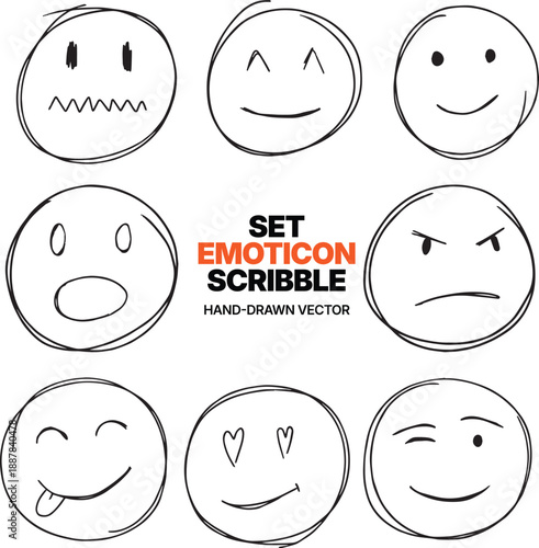 set of scribble emoticons vector, hand-drawn illustration