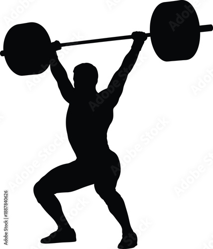 A strong muscular athlete performs a heavy weightlifting workout in the gym with a dumbbell silhouette to showcase fitness strength and power