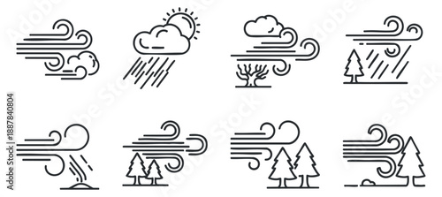 A collection of weather icons depicting clouds, rain, sun, and trees in minimalist outline vector style, ideal for environmental design projects