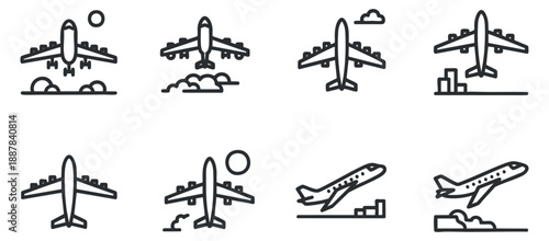 A set of airplane icons depicting various stages of flight in clean outline vector style, ideal for travel and transportation graphics
