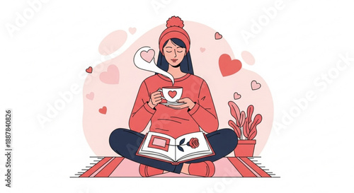 Woman sips coffee while reading book on cozy rug with hearts
