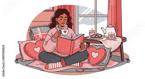 Woman relaxing with book and heart shaped tea in cozy pink room