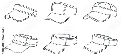 A collection of six different styles of caps and visors in black and white outline vector style, ideal for fashion and branding projects