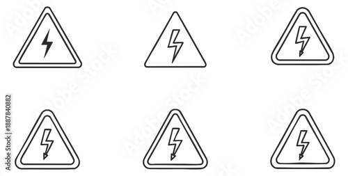 A set of warning icons featuring electric hazard symbols in flat outline vector style, suitable for safety signage and graphic design