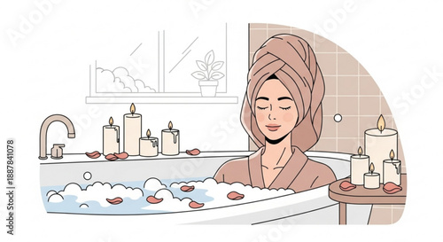 Woman relaxing in bubble bath with rose petals and candles