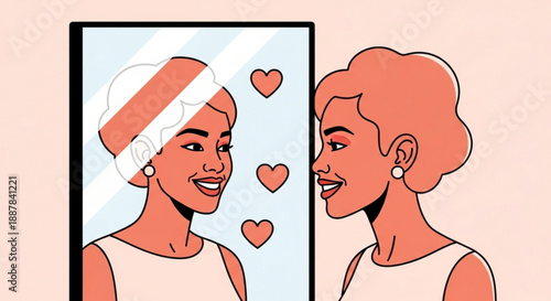 Woman loves her reflection with hearts