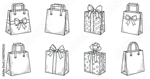 A collection of gift bags and boxes in hand-drawn outline style, perfect for holiday celebrations and packaging design