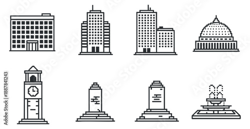 A collection of urban buildings including skyscrapers, a clock tower, and a fountain in minimalist outline vector style, suitable for city planning and architectural projects