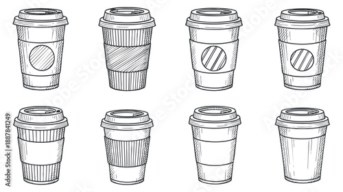 A collection of hand-drawn coffee cups in sketch style, perfect for cafe branding and beverage design projects