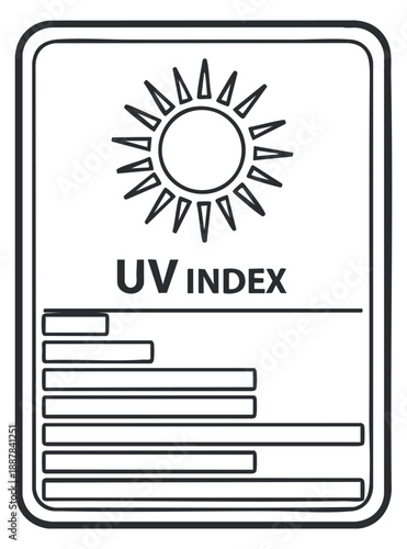 A UV index information card featuring a sun icon and measurement scales in clean outline vector style, suitable for educational and health awareness projects