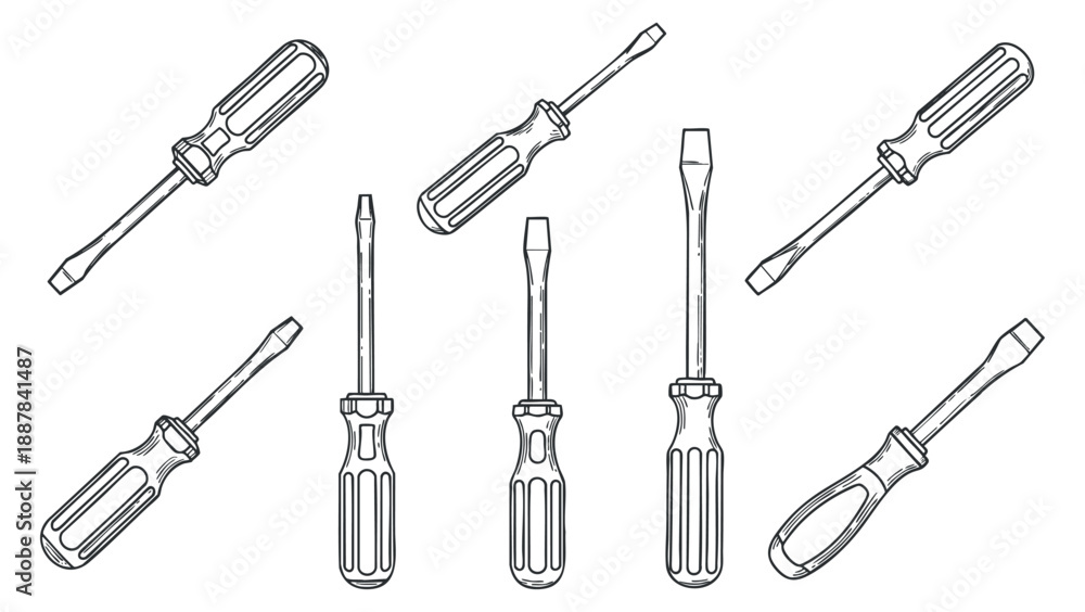 Fototapeta premium A collection of various screwdrivers in a clean black and white outline vector style, suitable for engineering and repair projects