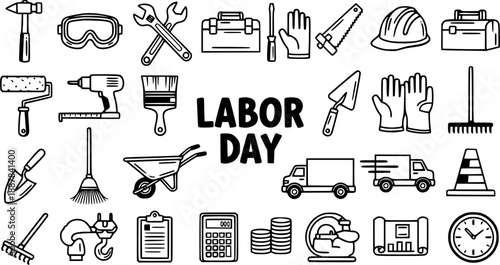 Labor Day Work, Construction, and Home Improvement Black and White Line Art Icons Set: Tools, Equipment, and Manual Labor Elements