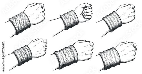 A collection of hand-drawn wristbands in various positions in a detailed sketch style, ideal for fitness and sports-related design