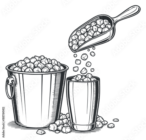 A bucket filled with gravel and a scoop pouring pebbles in detailed black and white sketch style, suitable for construction and landscaping projects