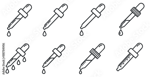 A collection of six dropper icons in black and white outline vector style, suitable for medical and laboratory design projects