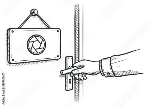A hand turning a door handle to enter a room with a photography sign in black and white sketch style, ideal for photography studio branding