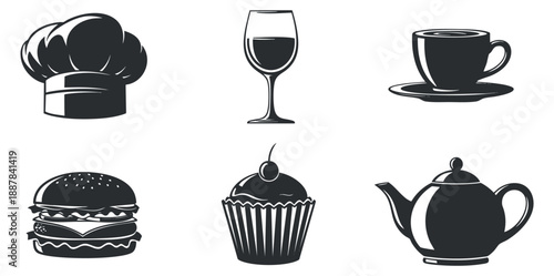 A collection of food and beverage icons including a chef hat, wine glass, coffee cup, burger, cupcake, and teapot in black and white vector style, suitable for restaurant branding and menu design