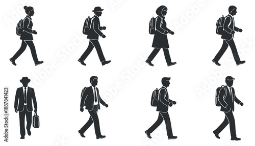 A set of walking business people silhouettes in black and white minimalist vector style, ideal for lifestyle and transportation themes