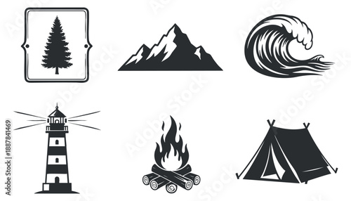 A collection of outdoor adventure icons including a lighthouse, mountains, a wave, a campfire, and a tent in black and white vector style, ideal for travel and nature-themed projects