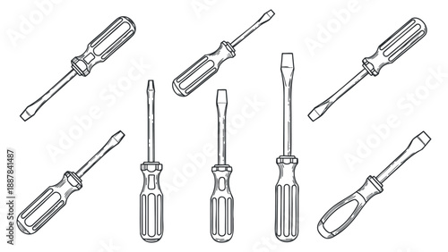 A collection of various screwdrivers in a clean black and white outline vector style, suitable for engineering and repair projects