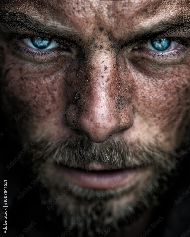 Fototapeta premium Intense Portrait of Bearded Man With Blue Eyes and Dirty Face
