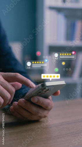 Customer Satisfaction, Digital interaction concept. person using a smartphone to leave a customer review, featuring various star ratings and feedback emoticons- 4k video clip