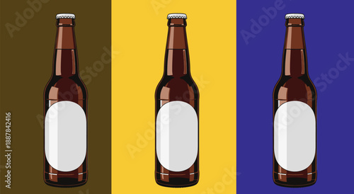 beer bottles, glass bottles, brown glass bottles, amber glass bottles, beer labels, minimal design, white space, colored backgrounds, colorful backgrounds, product photography, studio lighting, minima