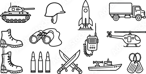 Line art military icon set showing tank helicopter rocket patrol boat boots binoculars knives bullets dog tags radio truck helmet