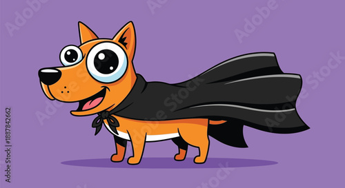 Playful cartoon dog with big eyes wearing a black superhero cape and smiling brightly