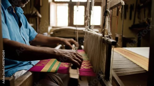 Traditional Indian textile worker operating a wooden handloom representing sustainable slow fashion supply chain artisanal craftsmanship and cultural heritage documentary storytelling